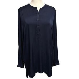 Nouvelle Palm Beach Size L Tunic Top Silk Blouse Navy Blue Popover